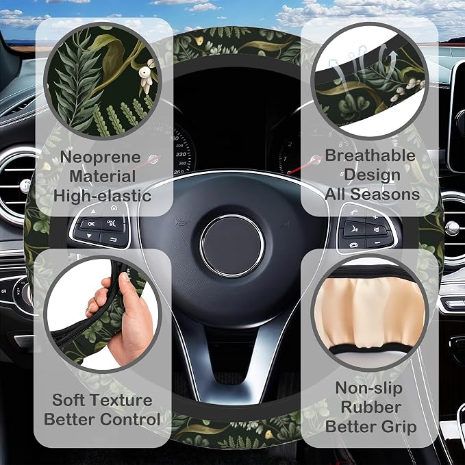 Botanical Flowers Berries Leaves Steering Wheel Cover for Women, Anti-Slip Car Steering Wheel Cover with 2 Pcs Cup Holders Neoprene Breathable Car Accessories Universal 15 Inch Auto Interior Decor