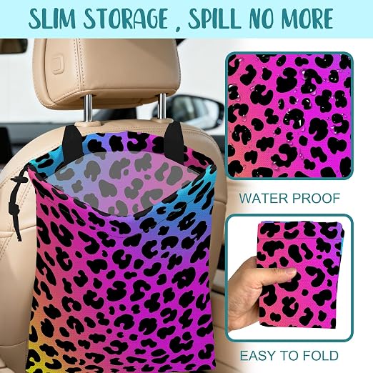 Car Garbage Bag Rainbow Cheetah Leopard Print Drawstring Car Trash Bag Hanging for Back Seat with Adjustable Buckle Canvas Vehicle Trash Can Easy-to-Install