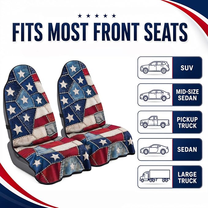 Car Seat Towel Cover 2 Pack for Front Seats, Sweat Absorbent Car Seat Protector with Non-Slip Backing, Waterproof Towel Car Seat Covers for Runners, Gym, Swimming, Beach, Patchwork Flag