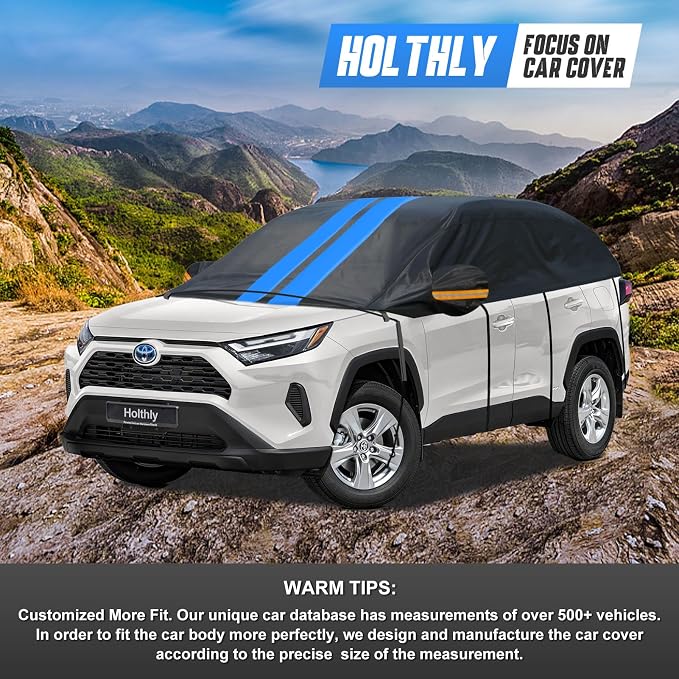 Half Car Cover Top for SUV/Jeep/4×4, Windshield Cover for Ice and Snow, Roof Car Cover Waterproof All Weather with Reflective Strips and Side Elastic Hooks. H4 (Up to 143 inch)