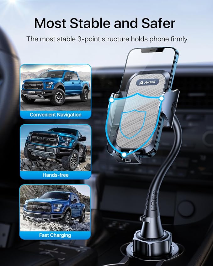 Upgraded, Solidest 15in Cup Phone Holder for Car, Stable & Adjustable, Long Gooseneck Car Phone Holders for Your Car Truck Fit for iPhone 17 Pro Max 16 15 14 13 Pro Max, Grey