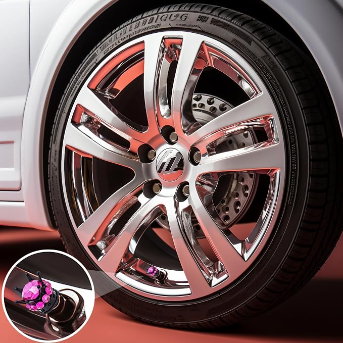 4PCS Crown Bling Tire Stem Valve Caps, Crystal Diamond Car Wheel Tire Valve Caps Universal Copper Core Stem Covers for Cars, SUV, Trucks, Bikes, Motorcycles, Bicycles (Black & Rose Red)