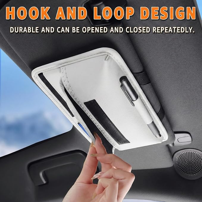 Car Visor Organizer – Sun Visor Storage Pouch Holder for Vehicle Truck SUV, PU Leather Auto Interior Accessories for Registration Document, Gas Card & Sunglasses, Universal Fit (White) | Keeps Registration, Cards & Sunglasses Neatly Within Reach