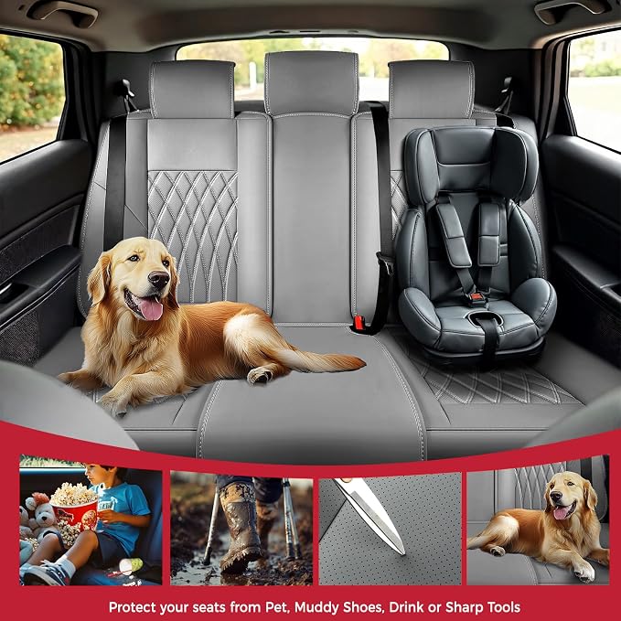 Gray Car Seat Cover Full Set - Faux Nappa Leather Seat Covers for Cars, Luxury Breathable Waterproof Front Seats Cushion Protectors with Lumbar Support, Universal Fit for Sedans SUVs Pickups