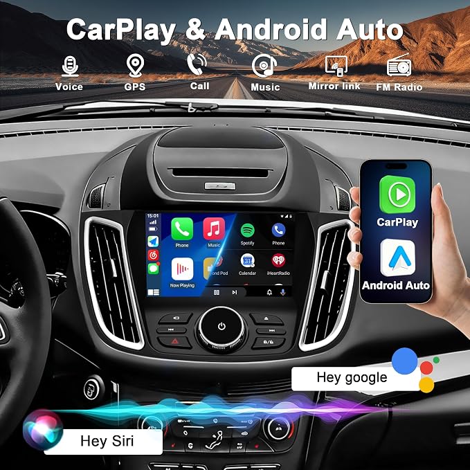 8Core 4G+64G Car Radio for Ford Escape 2013-2019: CarPlay Android Auto | Upgrade Android 15 9" Touchscreen Stereo, BT, WiFi 6, GPS, AM, FM, RDS, 36EQ, SWC, 1080P Backup Camera
