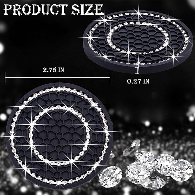4PCS Bling Crystal Rhinestone Cup Holder Coaster, 2.75 inch Soft Silicone Anti-Slip Shockproof, Car Cup Holder Insert Coasters, Universal Car Interior Accessories for Women (Black & White)