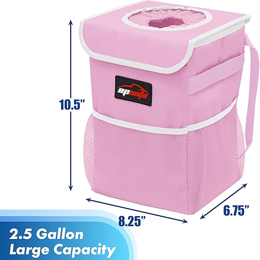 Waterproof Car Trash Can with Lid and Pockets, 2.5 Gal, Pink | Leakproof, Collapsible Multipurpose Car Bin with 3 Side Storage Pockets, Adjustable Straps