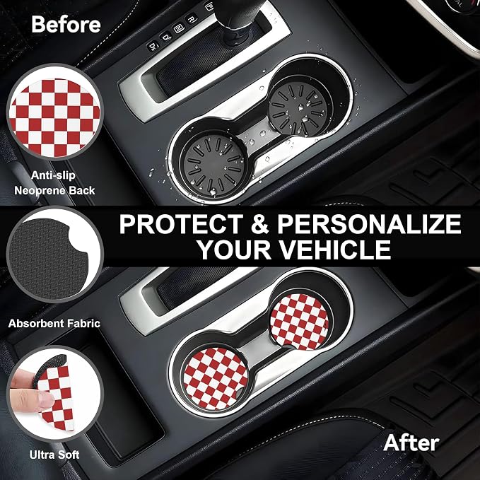 Checkered Steering Wheel Cover,Red White Checkered Universal 15" Elastic Car Steering Wheel Cover with 2 PCS Car Coasters,Anti-Slip Breathable Accessories for Auto,SUVs,Truck