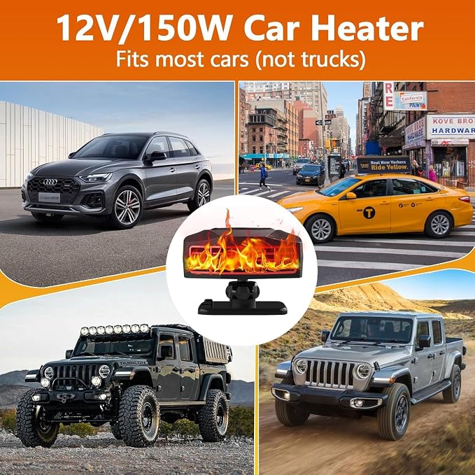 12v 200W Car Heater, Portable Car Heater and Defroster, Windshield Defogger, 12 Volt That Plugs Into Cigarette Lighter, Calenton para Carro, 360° Rotation (Black)