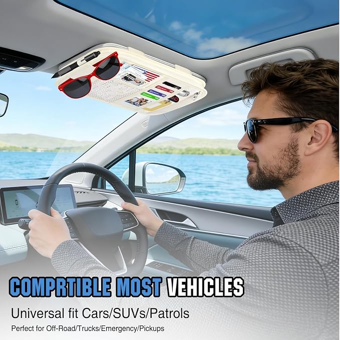 Car Sun Visor Organizer, Tactical Car Accessories with Zipper Storage Pouch, Glasses Clip Card Sleeve Pocket, Multi-Pocket Visor Organizer Fits Most Cars, SUVs, Trucks