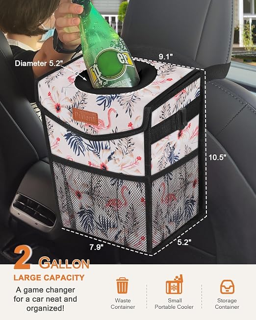 Car Trash Can with Lid, Cute Leakproof Car Trash Garbage Bag Hanging Vehicle Trash Bin Small Portable Automotive Garbage Cans Organizer for Back/Front Seat(Trapezoid,Flamingo Print