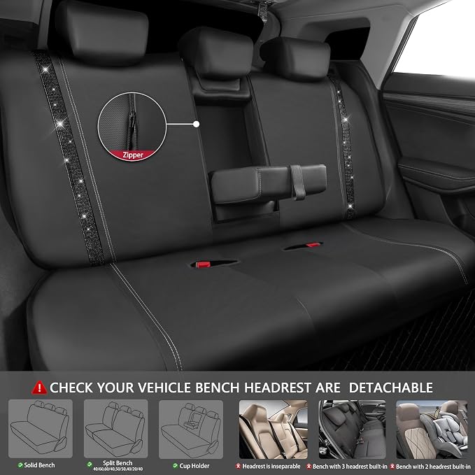 Leather Bling Seat Covers Full Sets 16 pcs, Bling Diamond Car Accessories Set for Women, Sparkly Rhinestone Steering Wheel Cover, Glitter Cute Car Interior Sets for Women Girl, Black Diamond