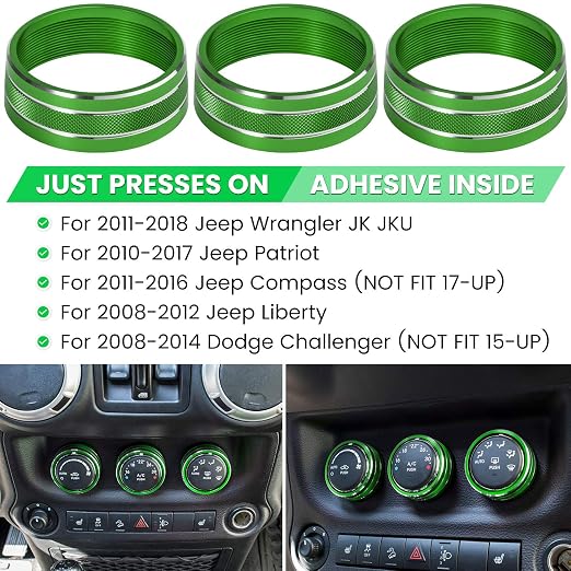 Audio Air Conditioning Button Cover Decoration Twist Switch Ring Trim for Jeep Wrangler JK JKU Patriot 2011-2018, Compass 11-16, Liberty 08-12, Dodge Challenger 08-14 Interior Accessories (Green)