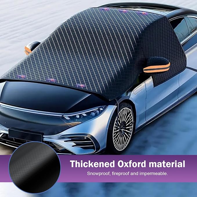 Car Windshield Snow Cover, Thickened Reflective Car Front Window Sun Protection, Secure Adsorption All-Season Windshield Snow Ice Cover with Side Window, Universal for Most Cars (Black)