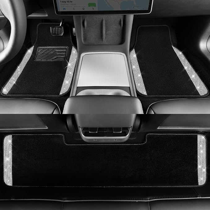 Bling Diamond Car Mats Shining Carpet Crystal Rhinestones Sparkly Glitter Floor Mats with Anti-Slip PVC Heel Pad Universal for Automotive SUV, Sedan, Van, 3pcs for Girl Women, Black Silver