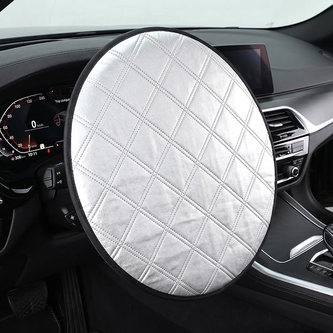 Car Steering Wheel Sun Cover Aluminum Film Sun Shade Steeringwheel Covers 5-Layer Thickened Cooling Thermal Insulation Protector Fits 15.75" Diameter Wheel (Silver)