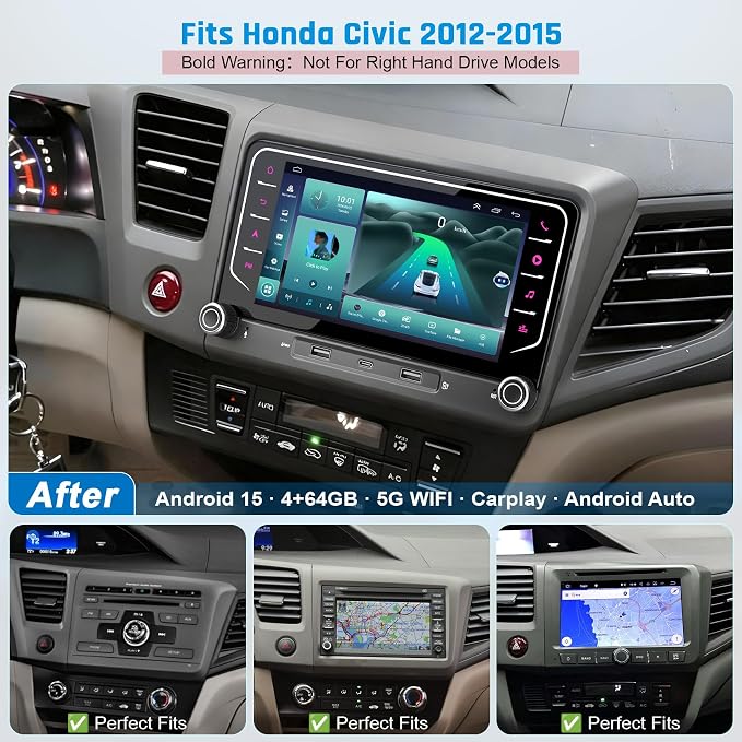 5G WiFi Upgrade Android 15 Car Radio for Honda Civic 2012 2013 2014 2015, 7 Inch IPS Touch Screen with Wireless CarPlay Android Auto, GPS/Bluetooth/FM/SWC/Type C/1080P Backup Camera, 4+64G
