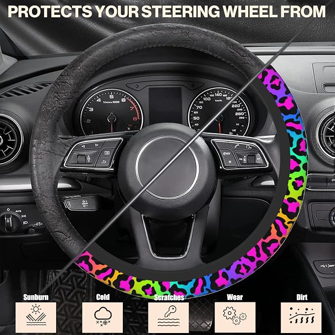 Rainbow Leopard Steering Wheel Cover,Cheetah Spots Elastic Non-Slip Steering Wheel Protector,Auto Interior Decor for Women Girls,Universal 15" Fit for Sedans,Trucks
