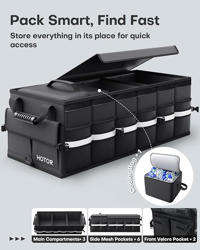 Car Trunk Organizer - Trunk Organizer for SUV with Removable Cooler Bag, Foldable Cover, 3 Compartment Car Storage Essential Car Accessories for Truck, Van & Sedan, Black, 33.1" x 12.6" x 11.0"