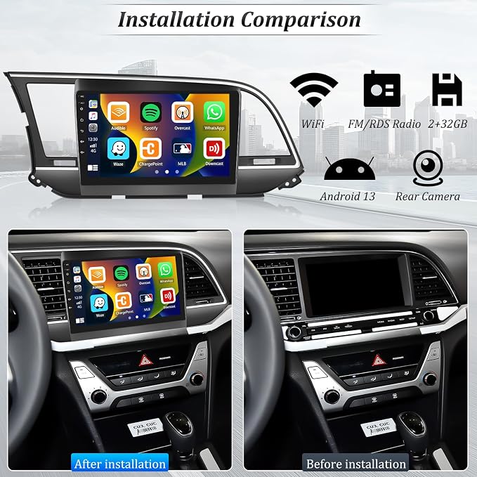 [2+64G] Android 15 Car Radio Stereo for Hyundai Elantra 2016-2018, 9 Inch Touch Screen IPS Car Radio with Wireless Carplay&Android Auto,GPS,WiFi,Bluetooth,FM/RDS,SWC, AUX-in,EQ,WiFi+Free Backup Camera