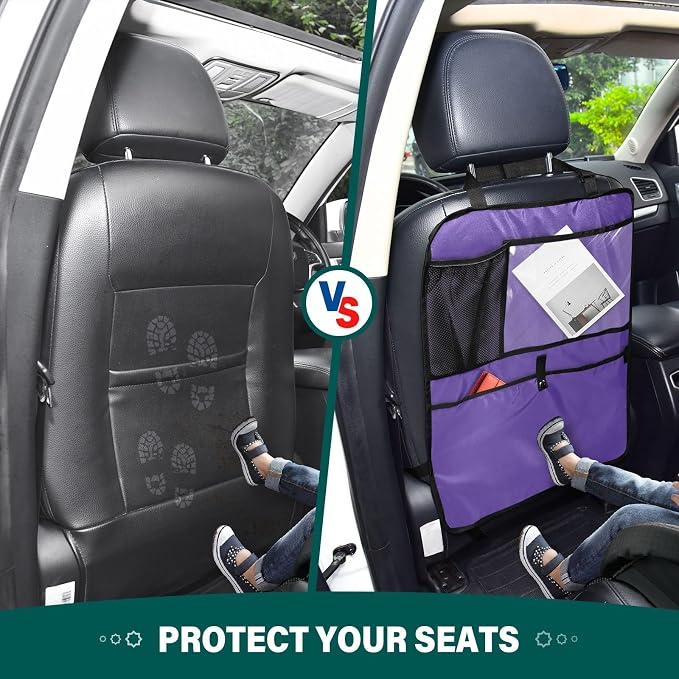 Dark Purple Car Seat Organizer for Kids Backseat Kick Mat with Adjustable Strap Back of Seat Protectors for Car Vehicle SUV 1 Pcs
