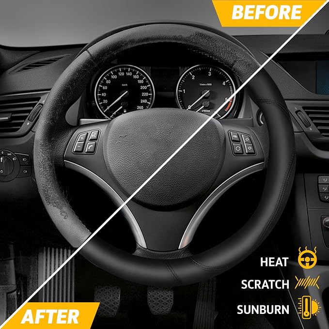 Car Steering Wheel Cover | Premium & Durable PU Leather with Anti-Slip Design | Universal Fit 14.5" - 15" Steering Wheel Cover | Car and Truck Accessories - Black