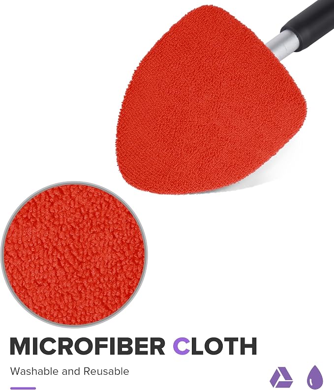 Windshield Cleaner Tool,Car Accessories,Automotive Tool Car Window Cleaner with Extendable Long Handle and 4 Washable Reusable Microfiber Pads,Suitable for Most Cars,SUVs,Trucks,Jeeps (Red)