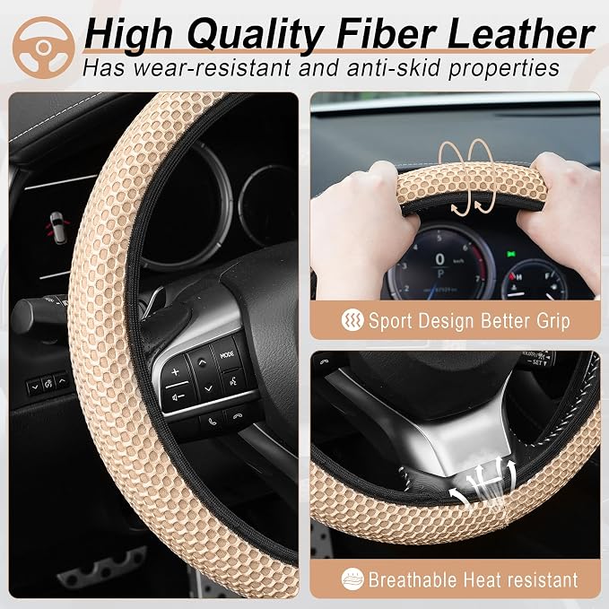 Elastic Stretch Steering Wheel Cover, Breathable Microfiber Ice Silk, Anti-Slip, Car Interior Accessories Fits for 14"-15" Steering Wheel Covers for Women & Men(Beige)