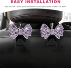 2PCS Bling Bow Car Seat Headrest Hooks, S-Type Crystal Auto Rear Seat Organizer for Handbags Purses Groceries, Cute Rhinestone Bow Seats Back Storage Hook for SUV Truck Sedan (Purple)