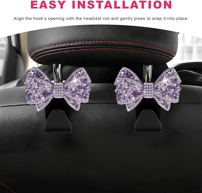 2PCS Bling Bow Car Seat Headrest Hooks, S-Type Crystal Auto Rear Seat Organizer for Handbags Purses Groceries, Cute Rhinestone Bow Seats Back Storage Hook for SUV Truck Sedan (Purple)