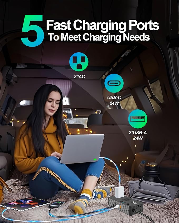 300W Car Inverter Power Outlet Dual AC Car Plug Adapter Outlet | For camping & road trips, 24W USB C/A charge for devices, LED shows real-time voltage & battery status