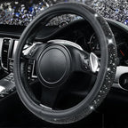 Bling Black Diamond Leather Steering Wheel Cover, with Sparkly Crystal Glitter Rhinestone Universal Fit 15" 1/2-16" Large Size Car Wheel Protector for Women Girl Fit Car,SUV,Van,Sedan, Black