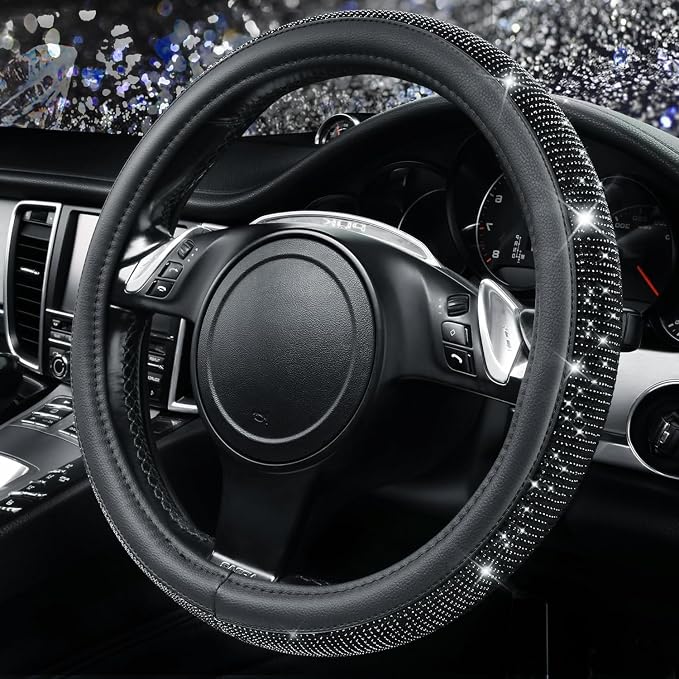 Bling Black Diamond Leather Steering Wheel Cover, with Sparkly Crystal Glitter Rhinestone Universal Fit 15" 1/2-16" Large Size Car Wheel Protector for Women Girl Fit Car,SUV,Van,Sedan, Black