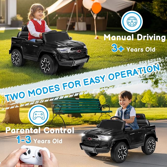 Licensed Chevrolet Colorado Electric Car for Kids, 12V Ride on Toys for Toddlers with Remote Control, Battery Powered Electric Car Ride On Vehicle w/Bluetooth, Soft Start, LED Lights - Black