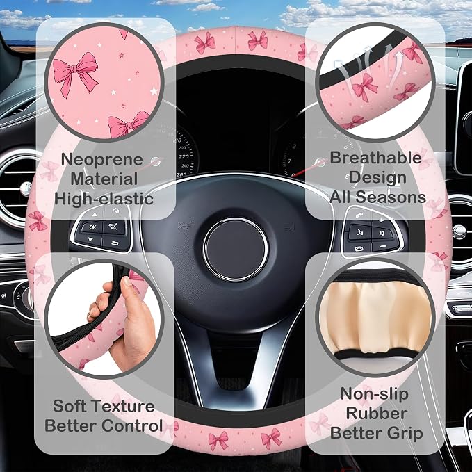 Pink Bows Steering Wheel Cover for Women, Anti-Slip Car Steering Wheel Cover with 2 Pcs Cup Holders Neoprene Breathable Car Accessories Universal 15 Inch Auto Interior Decor