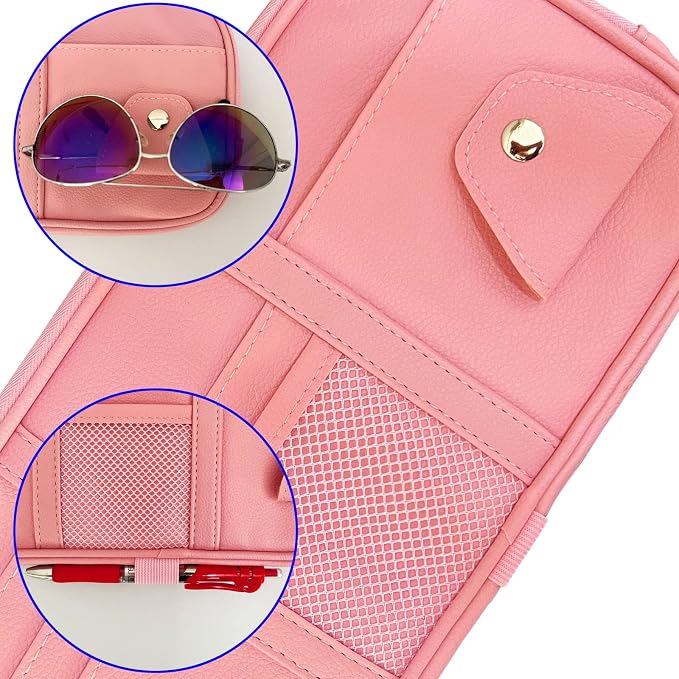 Car Sun Visor Organizer Auto Interior Accessories Visor Pocket Organizer Car Truck Visor Storage Pouch Holder with Multi-Pocket Double Zippers New (Pink)