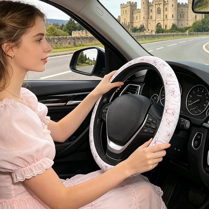 Pink Bow Steering Wheel Cover for Women, Steering Wheel Covers with Anti-Slip Lining, Universal 14.5-15 inchs Car Interior Accessories with 2PCS Car Coasters Suitable for Men and Women