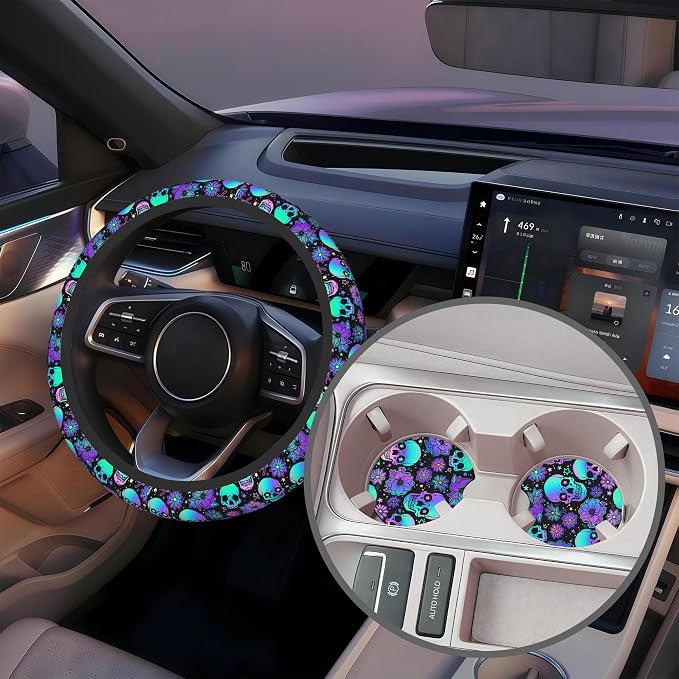 Neon Skull and Flower Steering Wheel Cover with 2 Pcs Car Coasters Neoprene Steering Wheel Cover for Women Men Anti-Slip Breathable Car Accessories Universal 15 Inch Fit Auto Cars Trucks