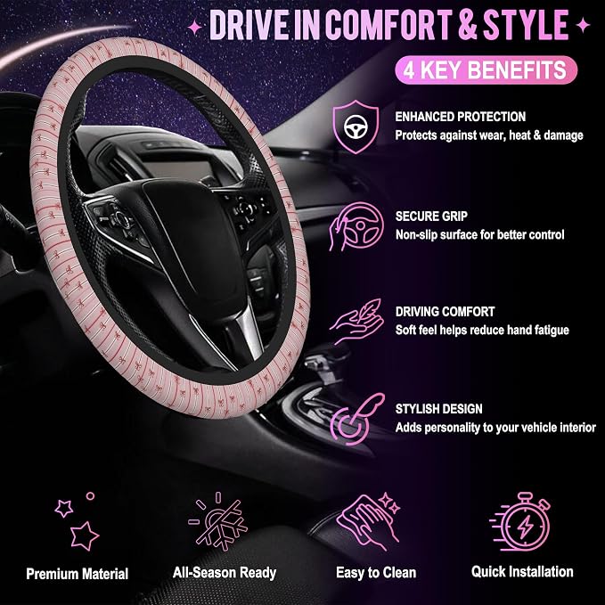 Pink Bows on Stripes Steering Wheel Cover for Women Men Neoprene Breathable Wheel Cover Protector Anti-Slip Car Accessories Universal 15 Inch Fit for Cars Trucks Vehicles