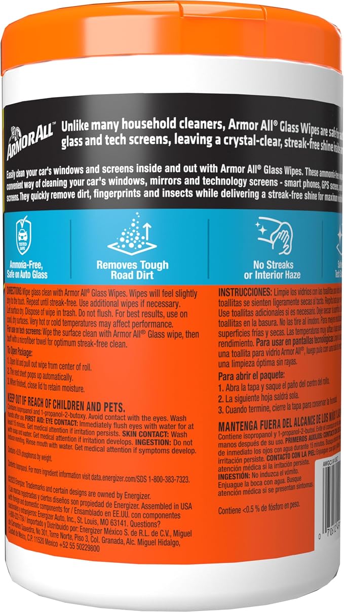 Car Glass Wipes, Auto Glass Cleaner, 90 Count | Ammonia-free window cleaner wipes safe on tinted glass; remove filmy residue, fingerprints, and bugs