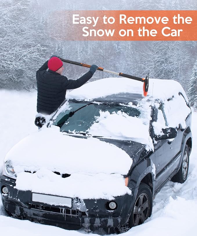 Car Snow Brush with Ice Scraper and Squeegee 3 in 1, 50" Extendable Cleaning Kit Long Handle, Windshield Snow Removal Tool Scratch Free, SUV Truck RV Window Roof Exterior Wash Supplies, Orange