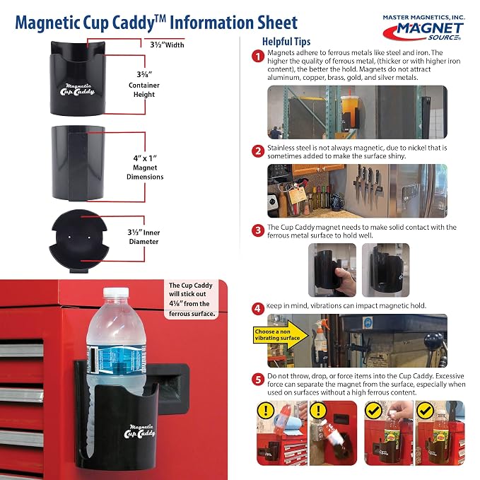 Magnetic Cup Holder - Caddy for Bottles, Glasses, and Cans - Fits on Fridge, Lawnmower, Forklift, Cart, or Ladder - Heavy-Duty Magnet, (Pack of 6)