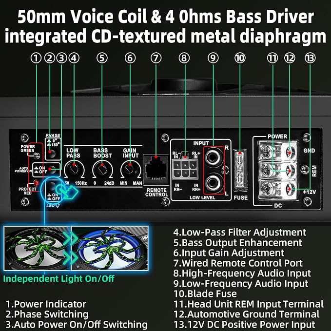 Upgraded 1600W Car Subwoofer, 10" Ultra-Thin Under-Seat Sub with Built-in Amplifier, (LPF/Gain/Bass Boost) LED Ambient Lights, Independent Bass Knob, Distortion-Free Deep Bass（Green）