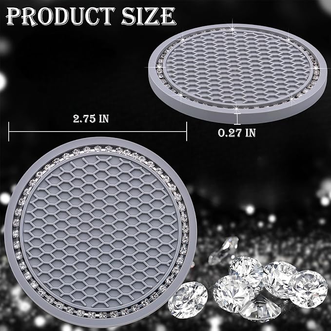 2PCS Bling Cup Holder Coaster, 2.75 Inch Auto Car Cup Holder Insert Coasters, Soft Silicone Anti-Slip Shockproof, Universal Vehicle Interior Accessories for Women Girls (Gray & White)