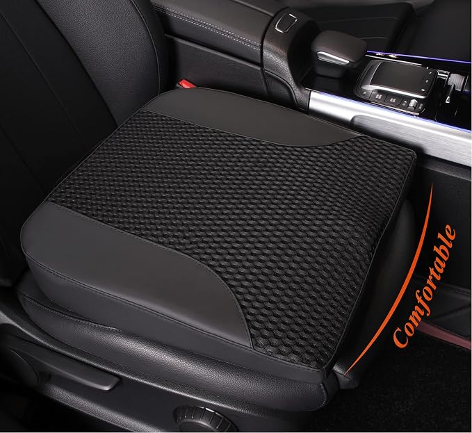 Car Seat Cushion – Memory Foam Pad for Driving Comfort – Boosts Height and Relieves Coccyx & Lower Back Pain – Car, Truck, Office Chair (Leather & 4D Mesh Black)
