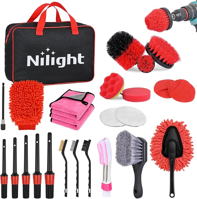 27PCS Car Detailing Kit Auto Cleaning Tools Wash Set with Storage Carry Bag Home Use for Interior Exterior Deep Clean Polish Car Care Windshield Dashboard Seat Air Vents Wheels Tires, Red