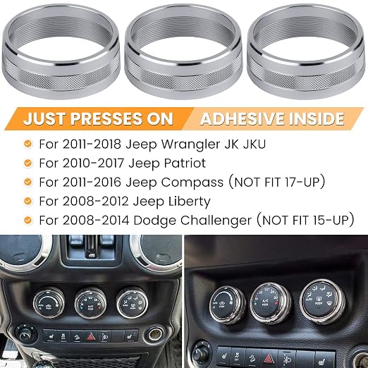 Audio Air Conditioning Button Cover Decoration Twist Switch Ring Trim for Jeep Wrangler JK JKU Patriot 2011-2018, Compass 11-16, Liberty 08-12, Dodge Challenger 08-14 Interior Accessories (Silver)