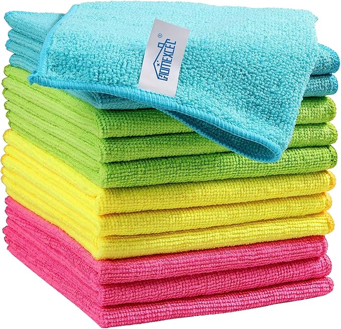 Microfiber Cleaning Cloth 210GSM, Pack of 12, Size:11.5" x 11.5", Ultra-Soft, High-Density Non-Abrasive Cleaning Towels for Cars, Glass, Kitchen, Reusable Rags, Blue/Green/Yellow/Pink