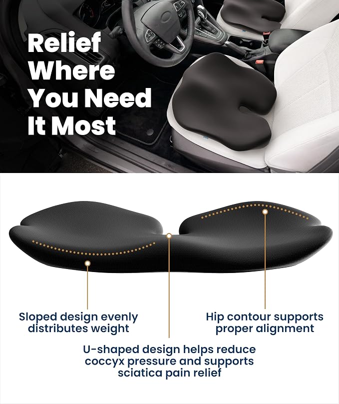 Car Seat Cushion for Driving - Orthopedic Car Cushion for Office, Travel, Gaming Chair Memory Foam Driver Booster for Short People, Non-Slip, Washable Cover, Back & Sciatica Relief