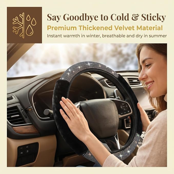 Bling Fluffy Steering Wheel Cover for Women Girls, Rhinestone Diamond Sparkling Fur Steering Wheel Protector Elastic Steering Wheel Covers Winter Warm Universal Fit 14-15 inches -Black | Colorful Diamond Elastic Car Steering Wheel Accessories Sparkling...